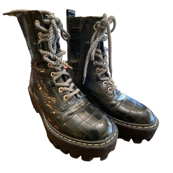 Zara TRF Platform Black Lace Up Combat Boots Lug Sole Croc Embossed US 6 EU 36 - Picture 2 of 10